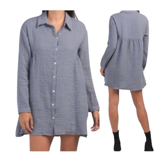 Zara Gauzy Pocket Button Down Collared  Babydoll Tunic Mini Dress Size Medium - Picture 2 of 16